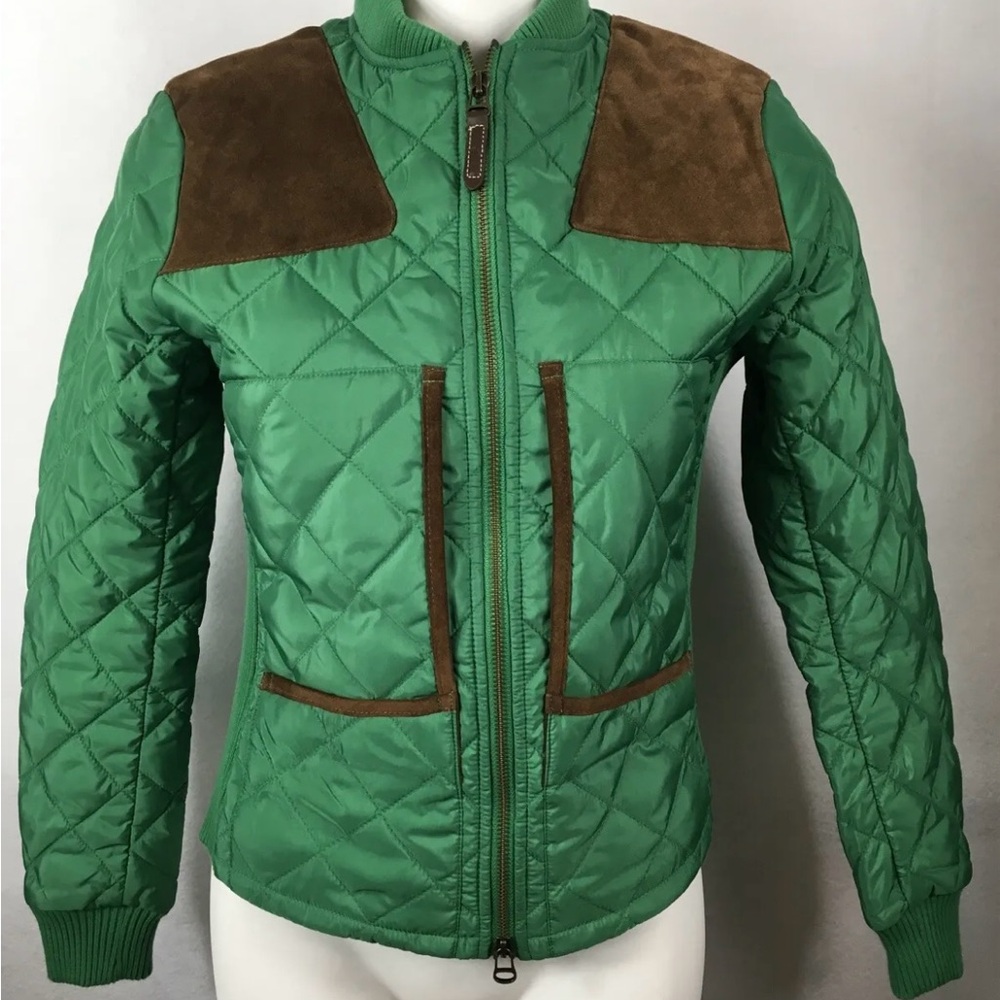 Ralph Lauren Sport Quilted Jacket Green W/ 100% Calf Suede Brown Trim